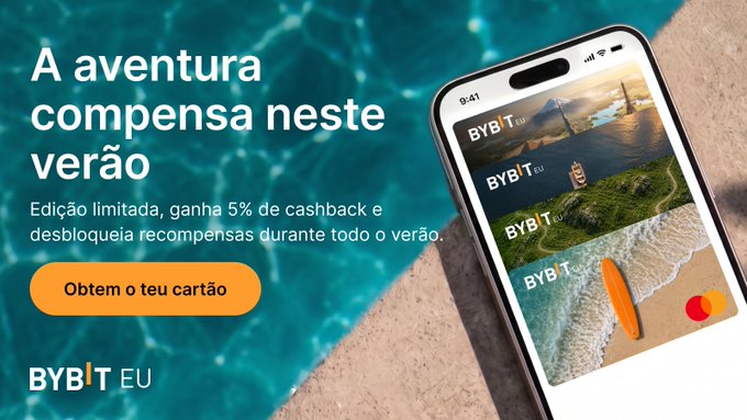 A Bybit EU promotional advertisement in Portuguese offering a summer credit card campaign with 5% cashback and limited edition rewards, displayed on a phone screen against a pool background.
