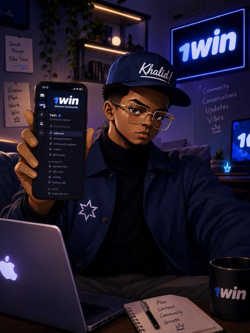 A digital illustration of a young man wearing a cap labeled "Khalid!" holding a phone displaying "1win" along with a laptop and mug branded "1win" in a room with neon signs reading "1win" and motivational quotes like "Dream. Plan. Work. Win."
