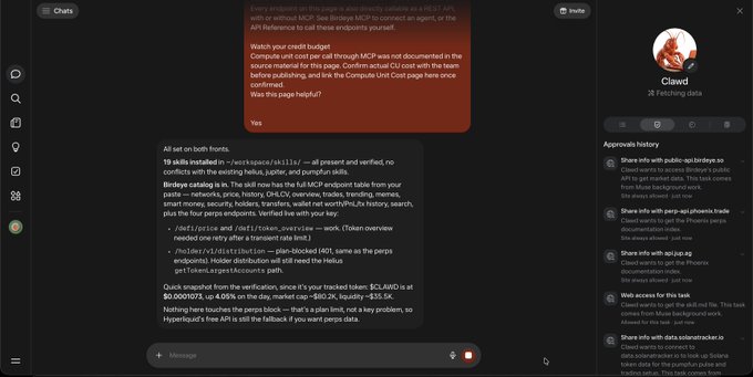 A screenshot of a chatbot conversation where a user named 'Clawed' is being guided through installing skills like 'workplace/skills/jira' and 'birds-eye' via an n8n MCP endpoint, with a detailed approval history on the right.