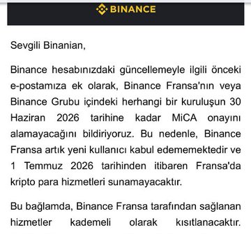 The image shows a letter written by someone named Sevgi Binanian, which has been sent via email. The content of the letter appears to be in a foreign language, possibly Italian or German, as there are some words that may not translate directly into English. The letter is addressed to a person named Binance and includes information about an application called MICA (Market Intelligence Corporation) being kicked out of France for failing to meet certain requirements. Additionally, the letter mentions Bitcoin and its recent drop in value.