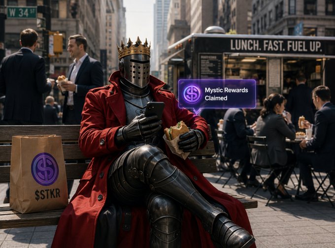 A knight in armor wearing a red coat and crown sitting on a bench eating, with a '$STKR' branded bag nearby and a notification reading 'Mysttic Rewards Claimed'.