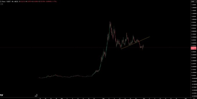 A candlestick chart for the PEPE/USDT trading pair, showing a price peak followed by a downward trend with an ascending trendline drawn in orange to mark a potential support level.