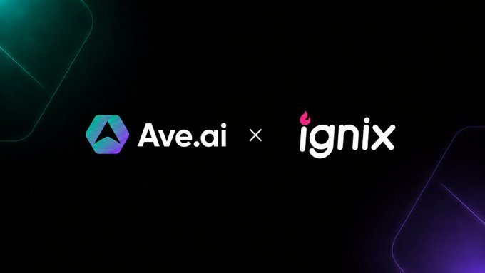 The image displays a partnership announcement featuring the logos of "Ave.ai" and "ignix" separated by a multiplication sign (×) on a dark background with green and purple geometric accents.

The image visually represents the collaboration mentioned in the post, showing the Ave.ai logo alongside its new partner "ignix," tying into the "pink" branding referenced in the tweet about expanding into the X Layer ecosystem.