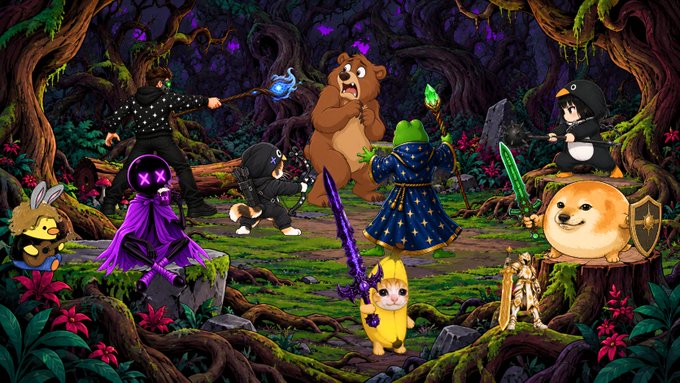 A fantasy illustration depicts a whimsical battle in an enchanted forest featuring a wizard, a bear, a penguin, a cat with a sword, and other characters.