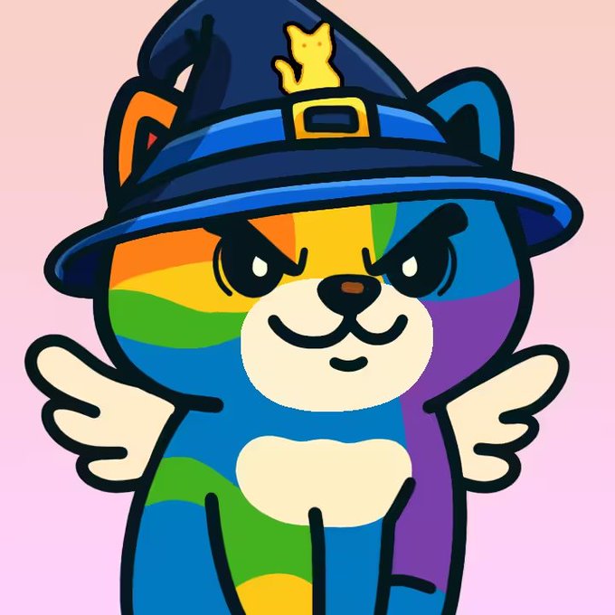 A cartoon illustration of a rainbow-colored bear or dog character with small wings, wearing a dark blue wizard hat with a star.