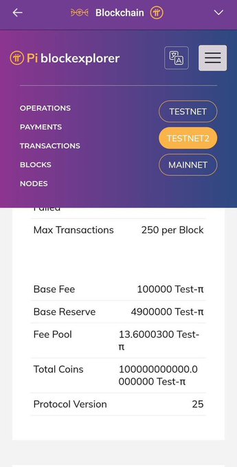 A screenshot of the Pi blockexplorer mobile app showing network statistics including Max Transactions, Base Fee, Total Coins, and Protocol Version, with TESTNET2 selected.