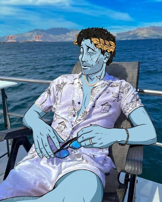 A stylized, comic-book illustration of a blue-skinned man with a golden leafy crown and floral shirt lounging on a boat chair, holding sunglasses, with an ocean and distant shoreline in the background and a faint "imageresizer.com" watermark.