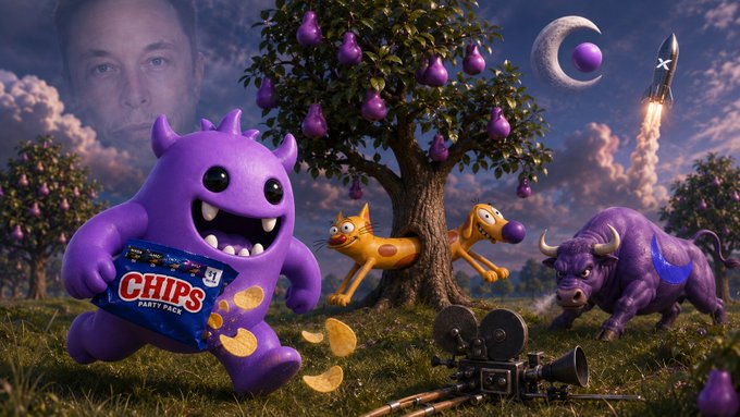 A whimsical 3D-rendered scene features a purple monster holding a "CHIPS PARTY PACK" bag spilling golden chips, accompanied by cartoon cats, a purple bull, a pear tree, a moon-themed rocket, and a vintage film camera—all set against a cloudy sky with Elon Musk's face faintly visible in the clouds, playfully visualizing the growth and momentum of the PAIR ecosystem community.