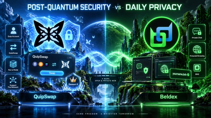A promotional graphic comparing QuipSwap (post-quantum security) versus Beldex (daily privacy) with features like Quip Account, QuipSwap, Run a Node on one side and Private Chat, Protected Browsing, BNS on the other, captioned "SAME FREEDOM A BRIGHTER TOMORROW".