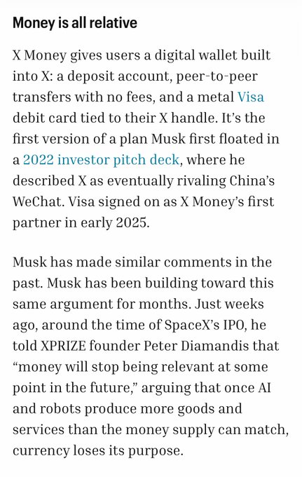 A text excerpt titled "Money is all relative" discussing X Money, a digital wallet built into X with peer-to-peer transfers, featuring a Visa debit card, and Elon Musk's vision for X to rival China's WeChat.