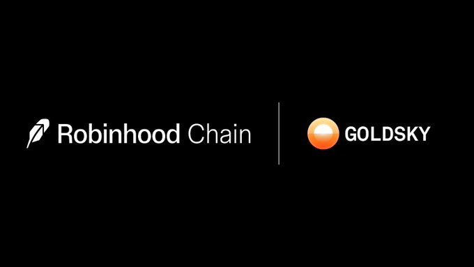 The image features the Robinhood Chain and Goldsky logos side by side, separated by a vertical line, against a black background—visually signaling the partnership announcement that Goldsky's indexing services are now live on Robinhood Chain, enabling builders to query and stream onchain data for compliant finance applications.