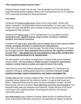 The image shows a document titled "Why regulated perpetual futures matter" written by an individual, which discusses the benefits of regulated perpetual futures over unregulated ones. The text explains that regulated perpetuals are live on Kalshi (BTC, ETH, SOL, XRP and many more), while unregulated ones do not exist on Kalshi. This information suggests that the user is trying to emphasize the importance of regulated perpetuals in the market for risk management and cost reduction purposes.