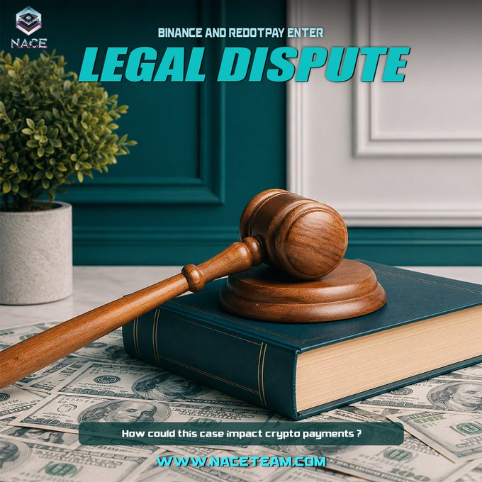 A wooden gavel rests on a law book atop scattered $100 bills, with a potted plant in the background, overlaid with text reading "BINANCE AND REDOTPAY ENTER LEGAL DISPUTE" and "How could this case impact crypto payments?" The imagery symbolizes the legal conflict between Binance and RedotPay, visually connecting the courtroom and financial elements to the crypto payments dispute.