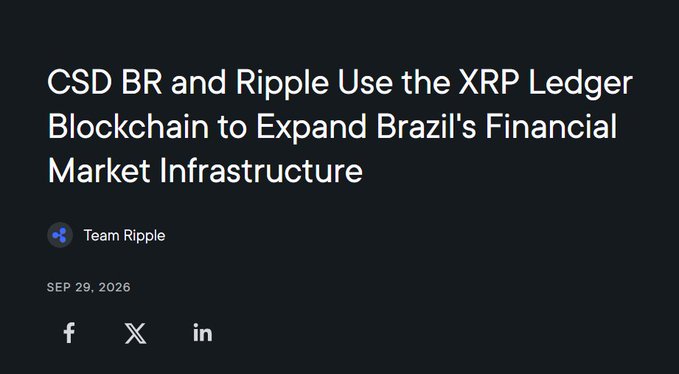 An article from Team Ripple dated September 29, 2026, announces that CSD BR and Ripple are using the XRP Ledger blockchain to expand Brazil's financial market infrastructure. The accompanying post references XLS 82 as a technical specification on the XRPL, connecting the partnership announcement to ongoing protocol development work by RippleXDev and co-author @msvadari.