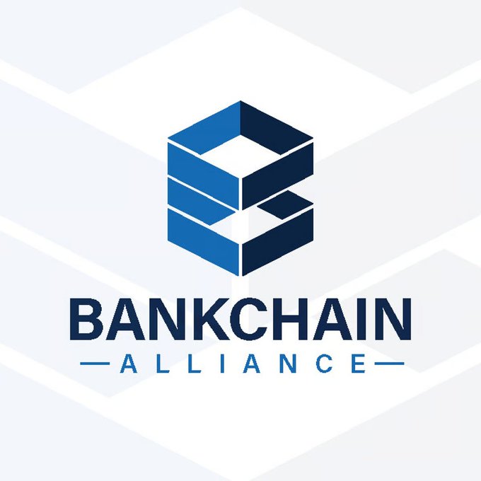 The image displays the logo for the "BANKCHAIN ALLIANCE," featuring a stylized blue and dark navy 3D cube/blockchain design above the bold text on a white background with subtle geometric patterns. The logo visually represents the newly formed alliance mentioned in the post, symbolizing the blockchain network that 39 US state banking associations are creating to compete with stablecoins.