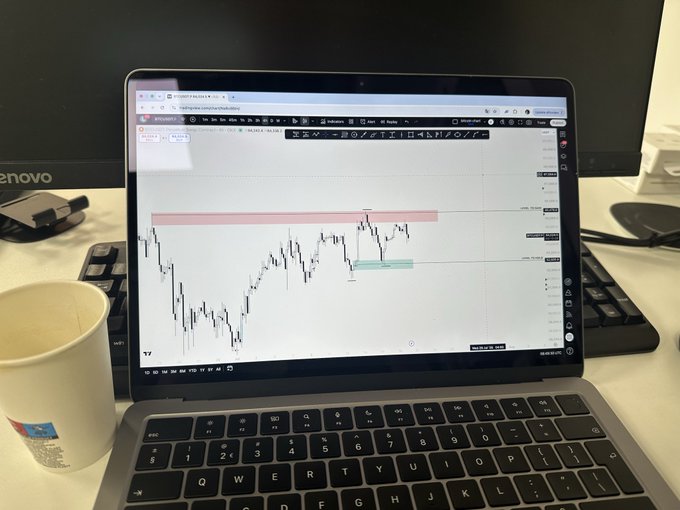 A laptop on a desk displays a candlestick trading chart, with a Lenovo monitor in the background and a paper coffee cup to the left.