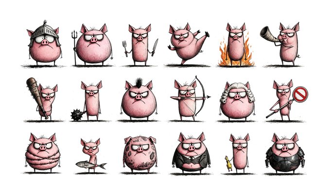 An image showing 18 cartoon pink pigs in various costumes and with different weapons and accessories (knight armor, pitchfork, fork and knife, in flames, megaphone, spiked club, mace, mohawk, bow and arrow, judge's wig, "no" sign, wrapped in chains, holding a fish, covered in spots, in a suit, with a bomb, and in camouflage). 

The image serves as a whimsical visual teaser for the "danceofdeath dot app" project, where users are humorously told they'll need at least one of these fierce, battle-ready pigs to participate in the upcoming "Season II Burn to Claim" event launching in 3 hours.