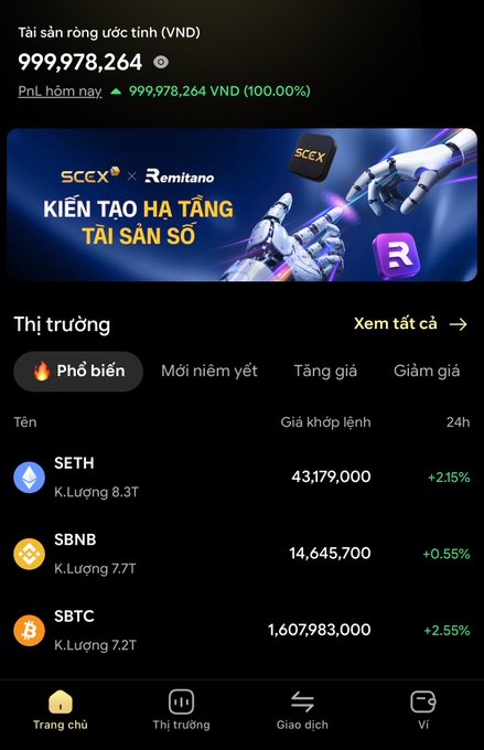 A Vietnamese crypto trading app screenshot displays a demo account balance of 999,978,264 VND along with a list of top cryptos including SETH (43,179,000, +2.15%), SBNB (14,645,700, +0.55%), and SBTC (1,607,983,000, +2.55%), matching the narrator's introduction to the SCCX exchange platform.