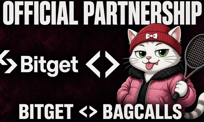The image is an "Official Partnership" announcement graphic featuring the Bitget logo alongside a cartoon white cat mascot wearing a red beanie and pink puffer jacket while holding a tennis racket, with text reading "BITGET <> BAGCALLS" at the bottom. The accompanying post sarcastically frames this partnership as ironic, joking that since Bitget has frozen user withdrawals, traders are essentially "locked in" with plenty of liquidity but no way to access funds—mocking the platform's reliability while promoting trading on it.