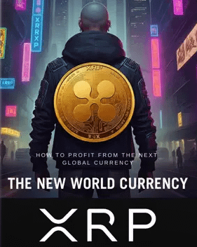 A futuristic promotional graphic for XRP cryptocurrency, featuring a hooded figure viewed from behind with a large gold XRP coin emblazoned on their back, set against a neon-lit cyberpunk cityscape. The text reads "HOW TO PROFIT FROM THE NEXT GLOBAL CURRENCY" and "THE NEW WORLD CURRENCY XRP," promoting XRP as a potential future global financial standard in response to the post's question about opinions on the asset.