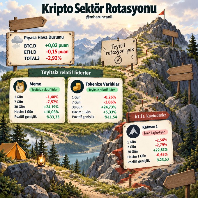 The image is a Turkish-language infographic titled "Kripto Sektör Rotasyonu" (Crypto Sector Rotation) by @mharuncanli, styled like a mountain landscape with wooden signposts displaying market data. Key figures include TOTAL3 down -2.92%, BTC.D up +0.02, and ETH.D down -0.15, with sector leaders Memecoin (-1.40% daily but +24.19% monthly) and Tokenized Assets (-0.26% daily, +24.73% monthly), while the "İrtifa kaybedenler" (Losing Altitude) panel highlights "Katman 1" (Layer 1) down -2.56% daily but still +22.81% monthly, aligning with the post's description of a broadly negative market tone with TOTAL3 down 2.92%.