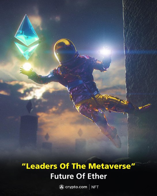 A futuristic astronaut in a space suit reaches toward a glowing Ethereum (ETH) logo while leaping from a cliff, symbolizing a leap into the future of crypto. The image promotes the "Future Of Ether" NFT collection, with text highlighting "Leaders Of The Metaverse" and noting 225 editions minted on Crypto.com NFT, which generated $56K in a single day.