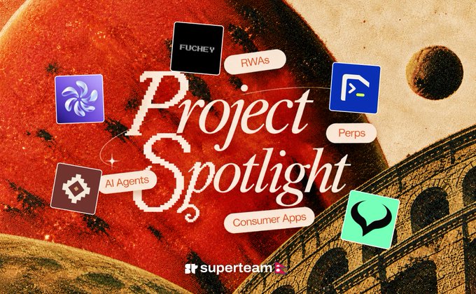 A promotional graphic titled 'Project Spotlight' by superteam, featuring various crypto/investment category icons including RWAs, Perps, AI Agents, and Consumer Apps against a red planet background.