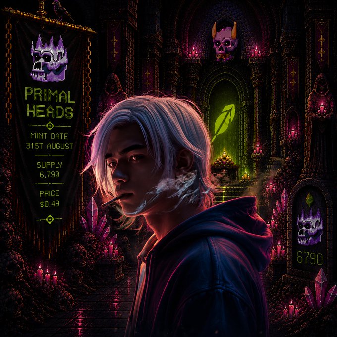 Digital art promotional poster for 'PRIMAL HEADS' NFT collection featuring a white-haired young man with a cigarette, set in a dark gothic cathedral with candles and crystals, indicating a mint date of 31st August, supply of 6,790, and price of $0.49.