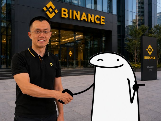 A man in a black Binance polo shirt stands smiling in front of a building displaying the "BINANCE" logo and its iconic diamond symbol, while shaking hands with a cartoon "flork" meme character. The image visualizes the post's prediction that a new Binance meme coin tied to CEO Changpeng Zhao (CZ) and the flork mascot is about to moon, as the handshake suggests a partnership between CZ and the viral flork character.