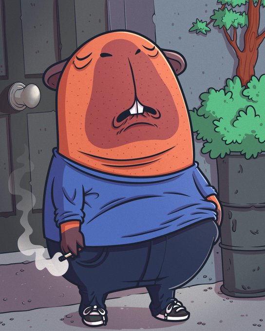 A cartoon illustration of a sad-looking capybara wearing a blue sweater, smoking a cigarette while standing next to a metal barrel and potted plant.