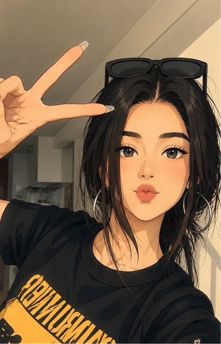 A stylized illustration of a woman with long dark hair and sunglasses on her head, making a peace sign while wearing a black t-shirt.