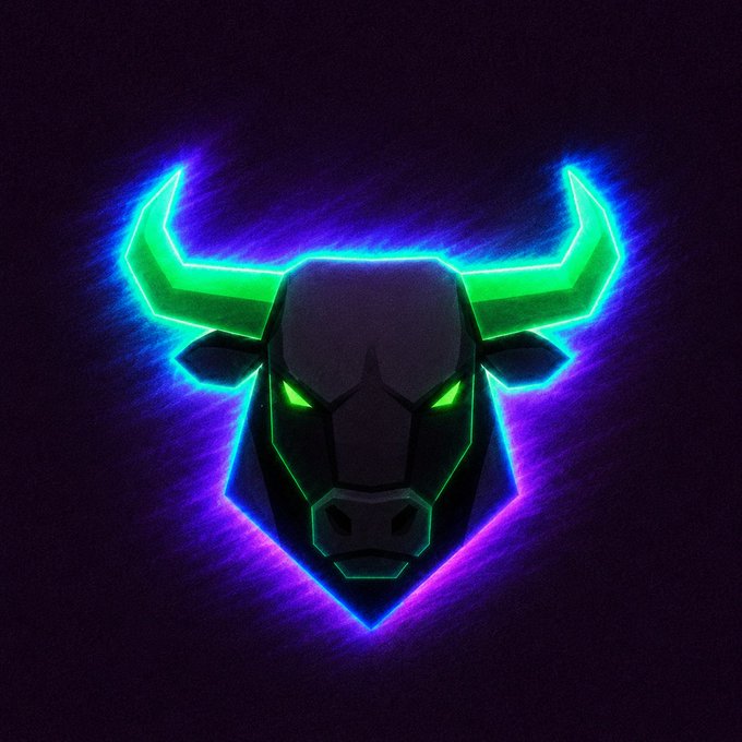 Neon-style digital illustration of a bull's head with glowing green eyes and horns, outlined in purple and blue against a black background.