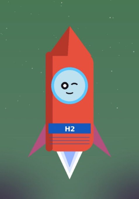 A cartoon illustration of a red rocket with a smiling winking face and "H2" written on its side, flying against a green starry background.