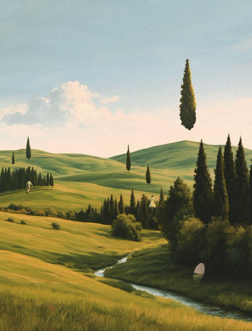 A serene landscape painting with rolling green hills, a stream, tall cypress trees, and a floating tree-like object in the sky.