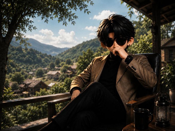 A young man wearing sunglasses and a tan blazer sits in a contemplative pose on a wooden porch overlooking a lush mountain valley with traditional houses.