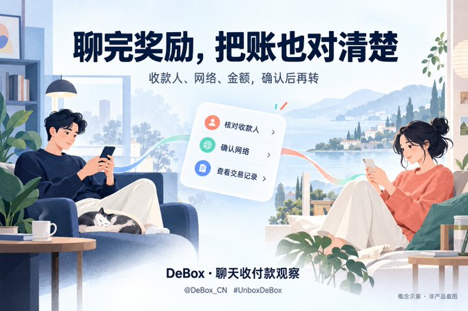 The image is a promotional illustration for "DeBox · 聊天收付款观察" (DeBox Chat Payment Observation) featuring a man on the left and a woman on the right, both using smartphones in cozy indoor settings, with a central interface showing options to "核对收款人" (Verify Recipient), "确认网络" (Confirm Network), and "查看交易记录" (View Transaction Records).

The Chinese text reads "聊完奖励，把账也对清楚 — 收款人、网络、金额，确认后再转" (After discussing rewards, make sure the accounts are clear — recipient, network, amount, confirm before transferring), visually reinforcing the post's scenario about the friction of manually verifying recipient addresses, networks, and transaction history when sending small USDT rewards during community events.