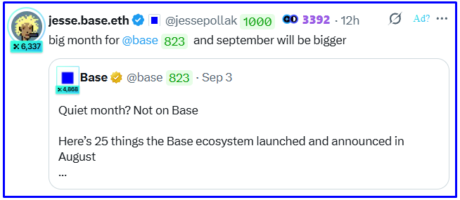 A screenshot of a tweet from @jessepollak advertising 'big month for @base 823', quoting a Base announcement listing '25 things the Base ecosystem launched and announced in August'.