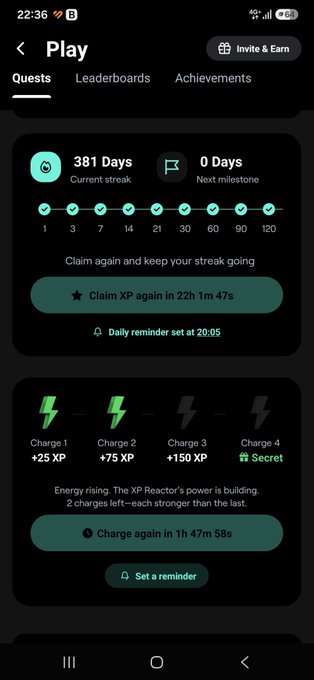 Screenshot of the Play app showing a 381-day current streak with daily XP claim available in 22h 1m 47s, and XP Reactor charges with Charge 4 being Secret and available again in 1h 47m 58s.