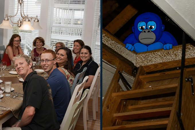 A family gathered at a dining table with a sad blue gorilla cartoon peeking from the top of a wooden staircase.