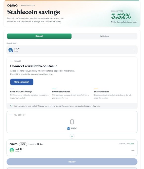 Onero Routing Layer stablecoin savings page offering 3.52% APY for USDC deposits with a wallet connection prompt.