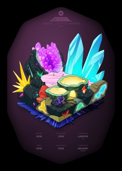 Digital art titled 'CRYSTAL LUMINITE EXPANSE' depicting a vibrant cluster of colorful crystals on a rocky base, with stat labels including 'LUMINITE' (G Resource) and 'ODILUSION' (S Resource).