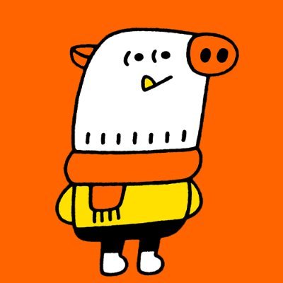 The image features a cartoon pig wearing a yellow sweater, orange scarf, and black pants with white shoes. The pig has a big nose and an even bigger smile, giving off a cheerful vibe. The background of the image is orange, which contrasts nicely with the white elements on the pig's outfit. There are no texts or other objects in the image, making it a simple yet engaging visual.