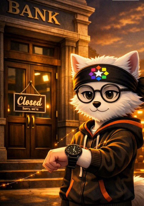 An anthropomorphic white wolf character wearing round glasses, a hoodie, and a colorful logo headband, checking a watch while standing in front of a bank with a 'Closed' sign at dusk.