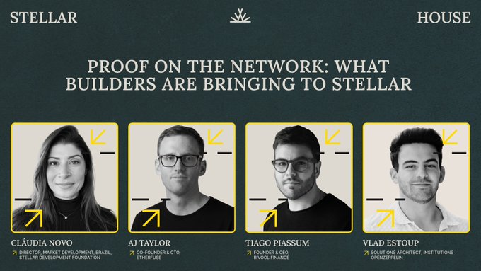 The image is a promotional graphic from Stellar House titled "Proof on the Network: What Builders Are Bringing to Stellar," featuring black-and-white headshots of four panelists—Cláudia Novo (Director, Money Development, Brazil, Stellar Development Foundation), AJ Taylor (Co-Founder & CTO, Etherfuse), Tiago Piassum (Founder & CEO, Rivool Finance), and Vlad Estoup (Technical Architect, Institutions, OpenZeppelin). The accompanying post notes that the Builders Panel, beginning at 2:05pm, will feature speakers from Etherfuse, Rivool Finance, and OpenZeppelin—three of the four builders pictured—discussing their innovative use of Stellar's native capabilities.