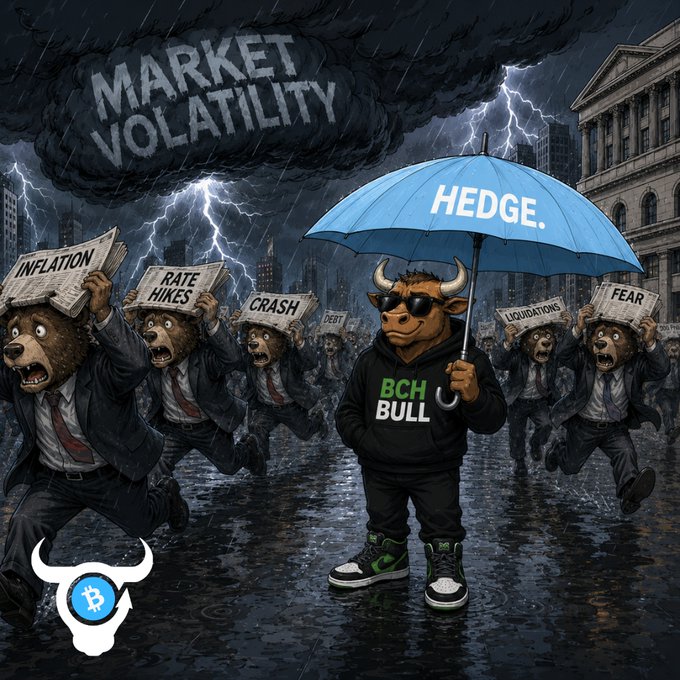 A crypto-themed illustration showing a 'BCH Bull' character with a 'HEDGE' umbrella standing calmly while panicked bears labeled 'INFLATION', 'RATE HIKES', 'CRASH', 'DEBT', 'LIQUIDATIONS', and 'FEAR' flee under a 'MARKET VOLATILITY' storm cloud.