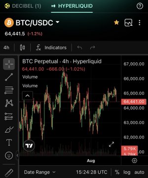 A mobile trading interface screenshot showing a BTC/USDC perpetual futures chart on Hyperliquid, with the current price at 64,441.5 (+1.12%) and a 4-hour candlestick chart displayed.