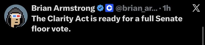 A screenshot of a tweet from Brian Armstrong (@brian_ar...) reads "The Clarity Act is ready for a full Senate floor vote," posted 1 hour ago on X, supporting the accompanying announcement about the crypto structure bill advancing for a full Senate floor vote.