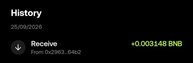 A dark-themed transaction history screen showing a 'Receive' of '+0.003148 BNB' from address '0x2963...64b2' dated 25/09/2026.