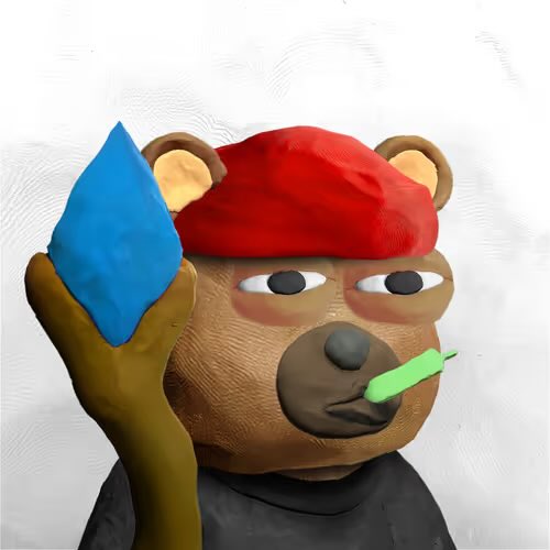 A 3D rendered brown bear character wearing a red bandana holds a blue flame while smoking a green cigarette.