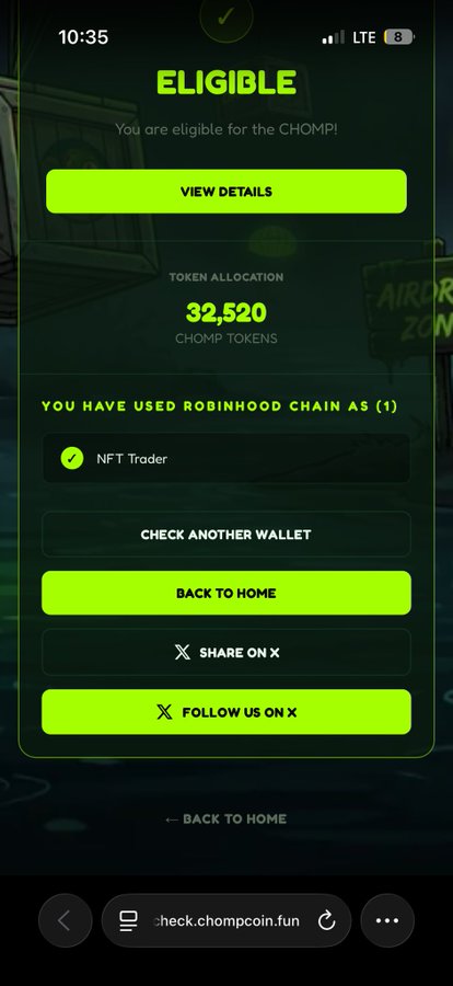 A mobile screenshot showing a "CHOMP!" token eligibility notification for "NFT Trader" with an allocation of 32,520 CHOMP TOKENS, reinforcing the caption's claim of an easy $32k from the airdrop.